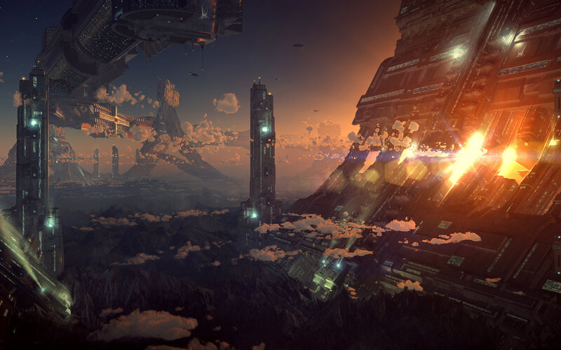 Futuristic Cityscape — Orange, Dramatic, Sunset, Digital Art, Skyscrapers, Clouds, Spacecraft