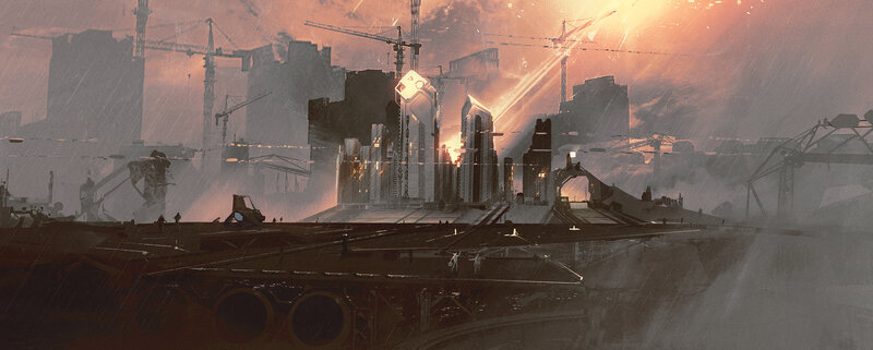 Futuristic Cityscape — Orange, Dramatic, Sunset, Digital Art, Skyscrapers, Cranes