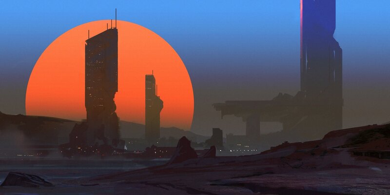 Futuristic Cityscape — Orange, Dramatic, Sunset, Digital Art, Skyscrapers, Desert