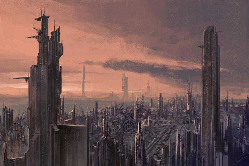 Futuristic Cityscape — Orange, Dramatic, Sunset, Digital Art, Skyscrapers, Distant Towers