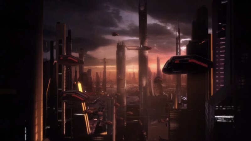 Futuristic Cityscape — Orange, Dramatic, Sunset, Digital Art, Skyscrapers, Flying Vehicles, Black, Purple