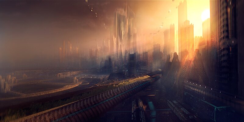 Futuristic Cityscape — Orange, Dramatic, Sunset, Digital Art, Skyscrapers, Haze, Brown