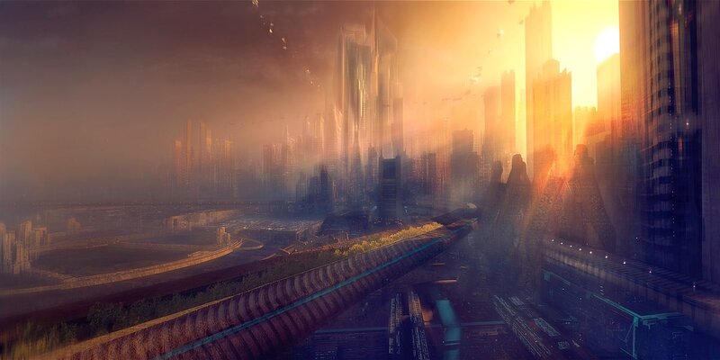 Futuristic Cityscape — Orange, Dramatic, Sunset, Digital Art, Skyscrapers, Highway