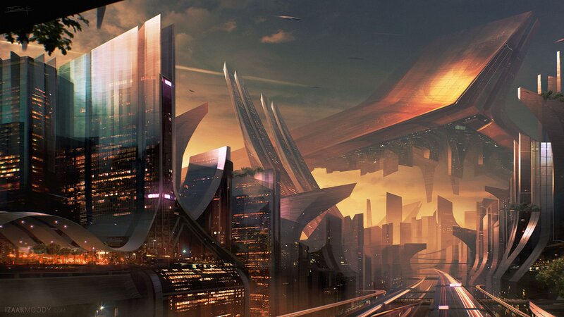 Futuristic Cityscape — Orange, Dramatic, Sunset, Digital Art, Skyscrapers, Highways