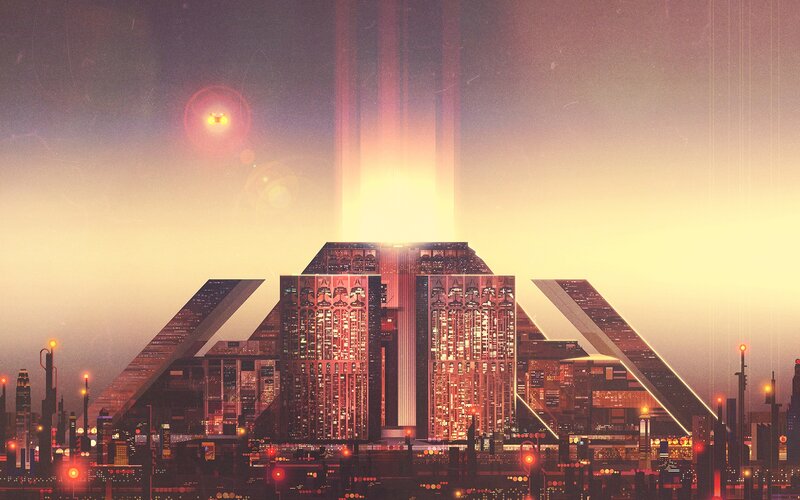 Futuristic Cityscape — Orange, Dramatic, Sunset, Digital Art, Skyscrapers, Lights