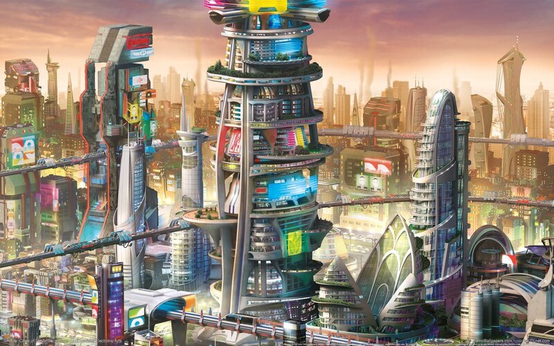 Futuristic Cityscape — Orange, Dramatic, Sunset, Digital Art, Skyscrapers, Monorails