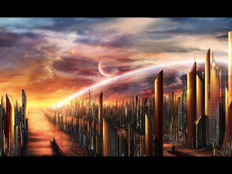 Futuristic Cityscape — Orange, Dramatic, Sunset, Digital Art, Skyscrapers, Planet