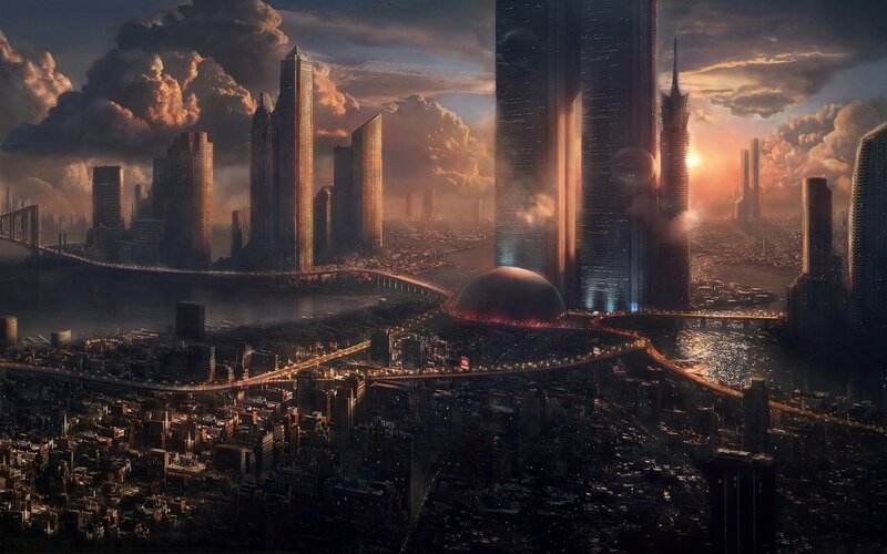 Futuristic Cityscape — Orange, Dramatic, Sunset, Digital Art, Skyscrapers, River, Bridge, Dome