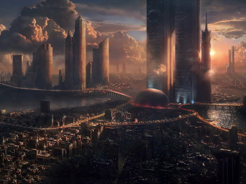 Futuristic Cityscape — Orange, Dramatic, Sunset, Digital Art, Skyscrapers, River, Bridge