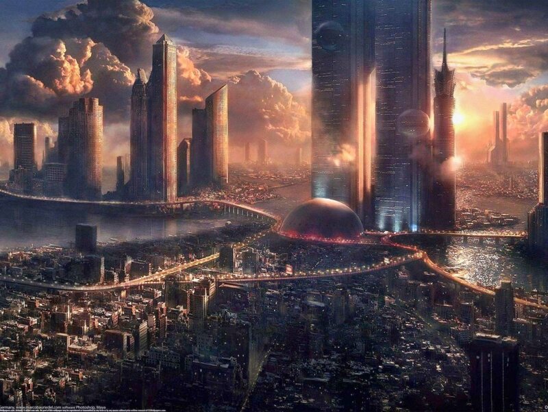 Futuristic Cityscape — Orange, Dramatic, Sunset, Digital Art, Skyscrapers, River