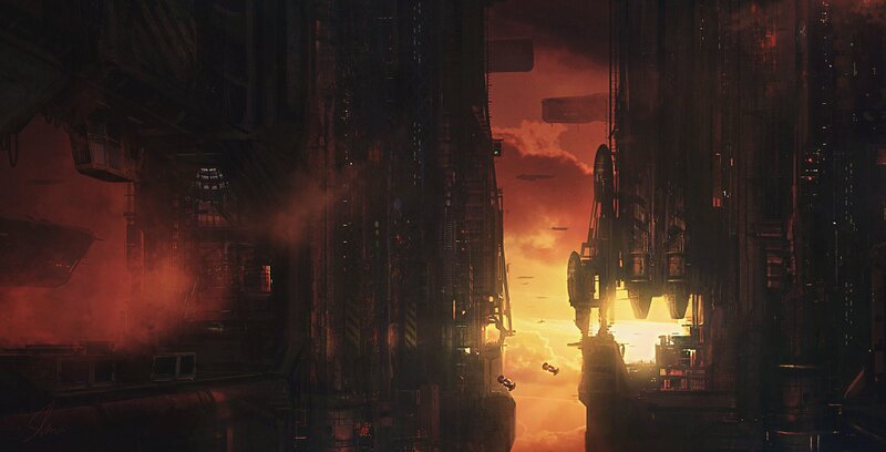 Futuristic Cityscape — Orange, Dramatic, Sunset, Digital Art, Skyscrapers, Ships