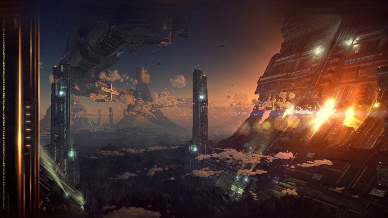 Futuristic Cityscape — Orange, Dramatic, Sunset, Digital Art, Skyscrapers, Spacecraft, Clouds