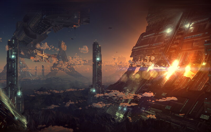 Futuristic Cityscape — Orange, Dramatic, Sunset, Digital Art, Skyscrapers, Spacecraft, Explosion
