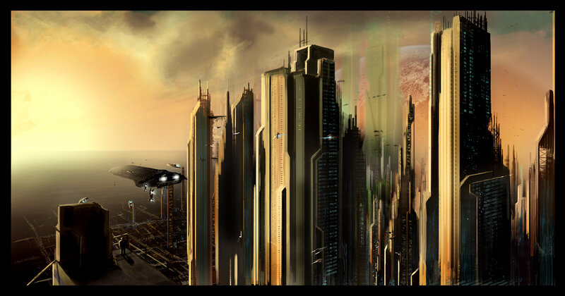 Futuristic Cityscape — Orange, Dramatic, Sunset, Digital Art, Skyscrapers, Spaceship, Planet