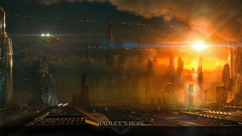 Futuristic Cityscape — Orange, Dramatic, Sunset, Digital Art, Skyscrapers, Spaceship, Sun