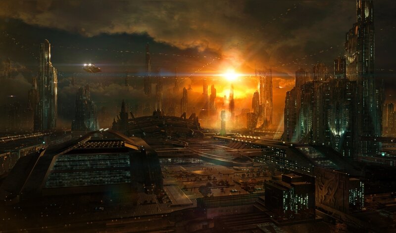 Futuristic Cityscape — Orange, Dramatic, Sunset, Digital Art, Skyscrapers, Spaceship