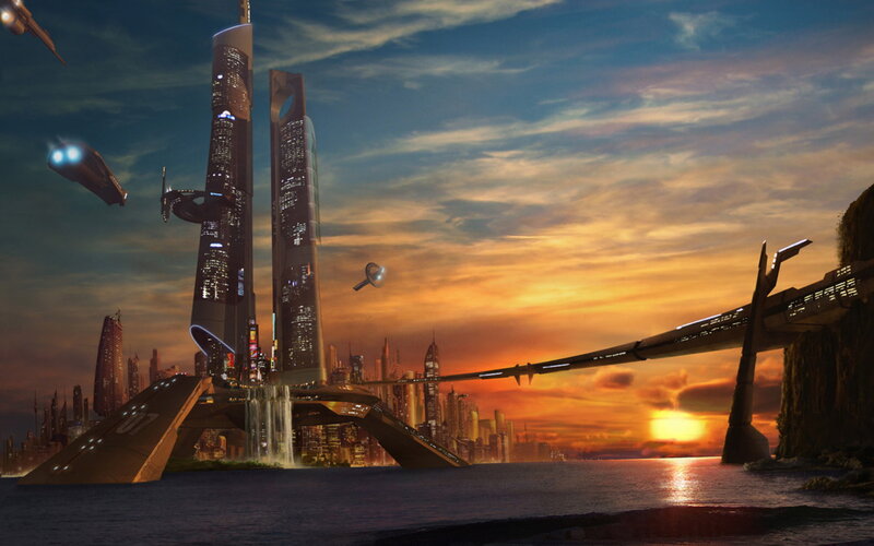 Futuristic Cityscape — Orange, Dramatic, Sunset, Digital Art, Skyscrapers, Spaceships, Bridge