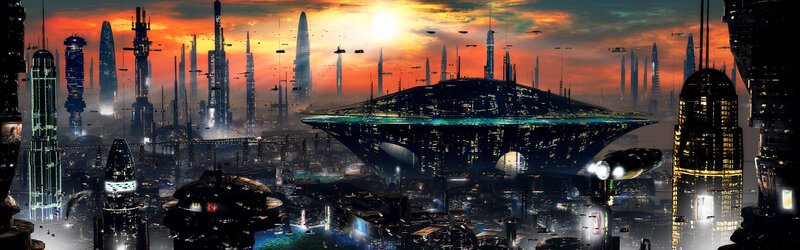 Futuristic Cityscape — Orange, Dramatic, Sunset, Digital Art, Skyscrapers, Spaceships