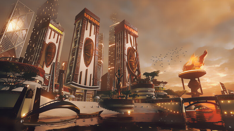 Futuristic Cityscape — Orange, Dramatic, Sunset, Digital Art, Skyscrapers, Statue