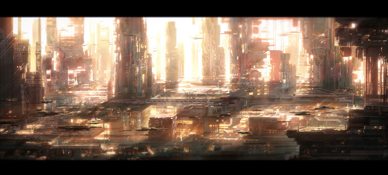 Futuristic Cityscape — Orange, Dramatic, Sunset, Digital Art, Skyscrapers, Sunlight