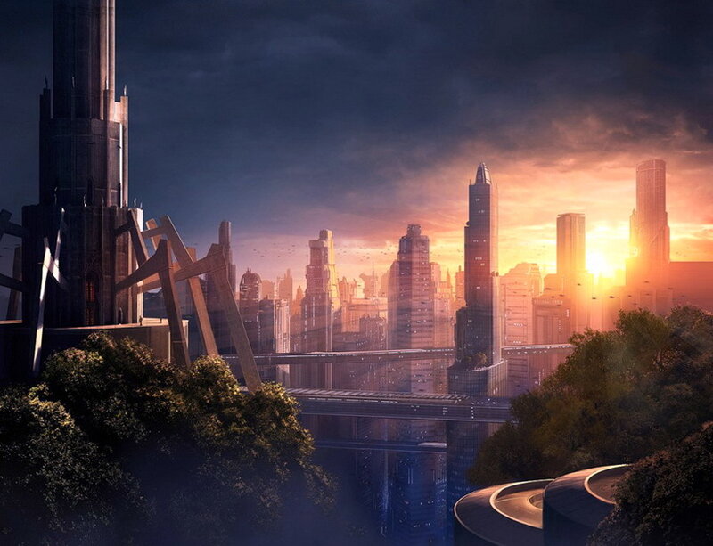 Futuristic Cityscape — Orange, Dramatic, Sunset, Digital Art, Skyscrapers, Trees