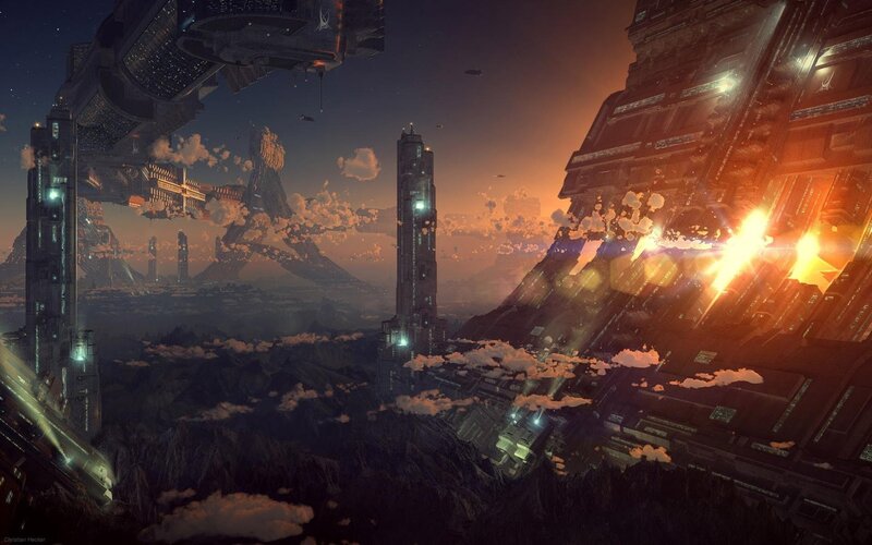 Futuristic Cityscape — Orange, Dramatic, Sunset, Digital Art, Space Station