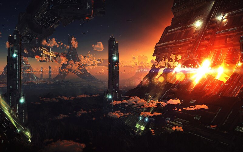 Futuristic Cityscape — Orange, Dramatic, Sunset, Digital Art, Spacecraft, Explosion