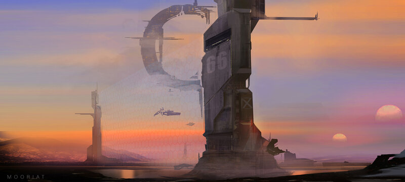 Futuristic Cityscape — Orange, Dramatic, Sunset, Digital Art, Spacecraft, Tower