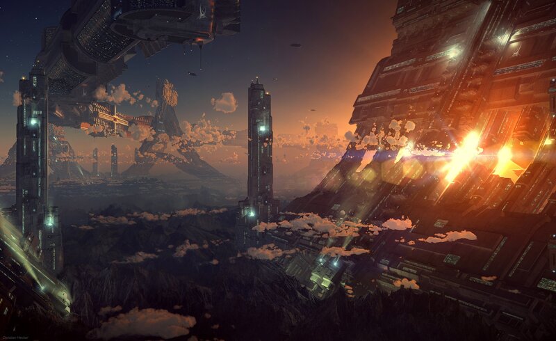 Futuristic Cityscape — Orange, Dramatic, Sunset, Digital Art, Spacecraft, Towers