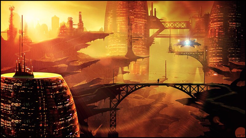 Futuristic Cityscape — Orange, Dramatic, Sunset, Digital Art, Spaceship, Bridge