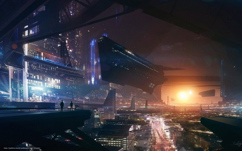 Futuristic Cityscape — Orange, Dramatic, Sunset, Digital Art, Spaceship, City, People