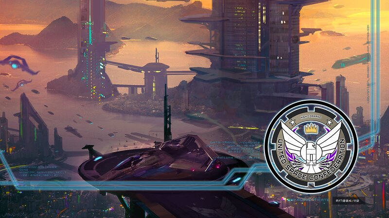 Futuristic Cityscape — Orange, Dramatic, Sunset, Digital Art, Spaceship, Logo