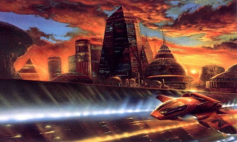 Futuristic Cityscape — Orange, Dramatic, Sunset, Digital Art, Spaceship, Skyscraper