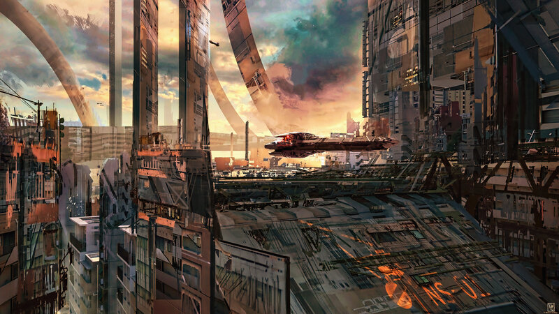 Futuristic Cityscape — Orange, Dramatic, Sunset, Digital Art, Spaceship, Skyscrapers, Arches