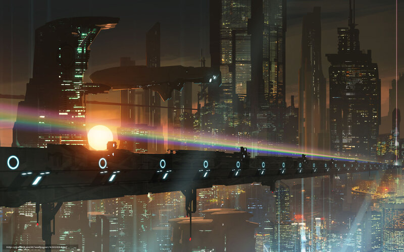 Futuristic Cityscape — Orange, Dramatic, Sunset, Digital Art, Spaceship, Skyscrapers