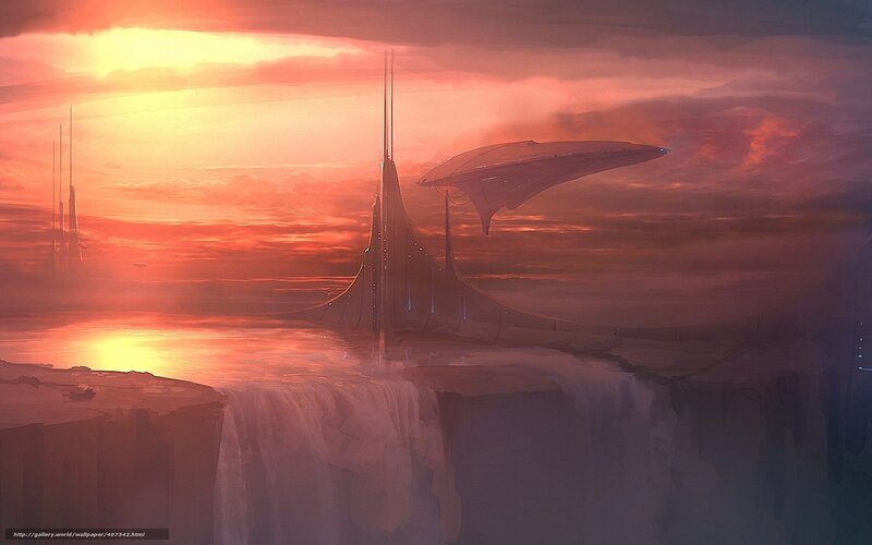Futuristic Cityscape — Orange, Dramatic, Sunset, Digital Art, Spaceship, Waterfall, Skyscraper