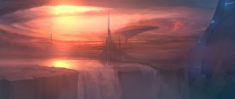 Futuristic Cityscape — Orange, Dramatic, Sunset, Digital Art, Spaceship, Waterfall