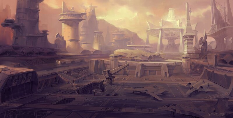 Futuristic Cityscape — Orange, Dramatic, Sunset, Digital Art, Spaceships, Cranes
