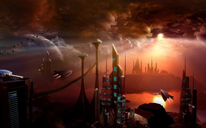 Futuristic Cityscape — Orange, Dramatic, Sunset, Digital Art, Spaceships, Planet, Red