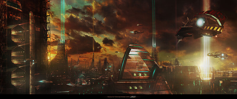 Futuristic Cityscape — Orange, Dramatic, Sunset, Digital Art, Spaceships, Skyscrapers