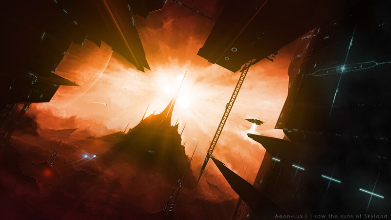 Futuristic Cityscape — Orange, Dramatic, Sunset, Digital Art, Suns