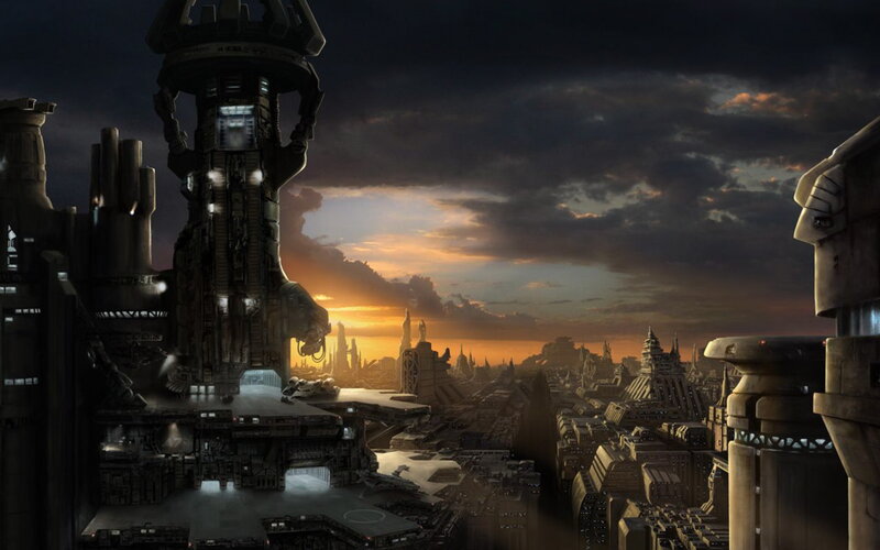 Futuristic Cityscape — Orange, Dramatic, Sunset, Digital Art, Tower