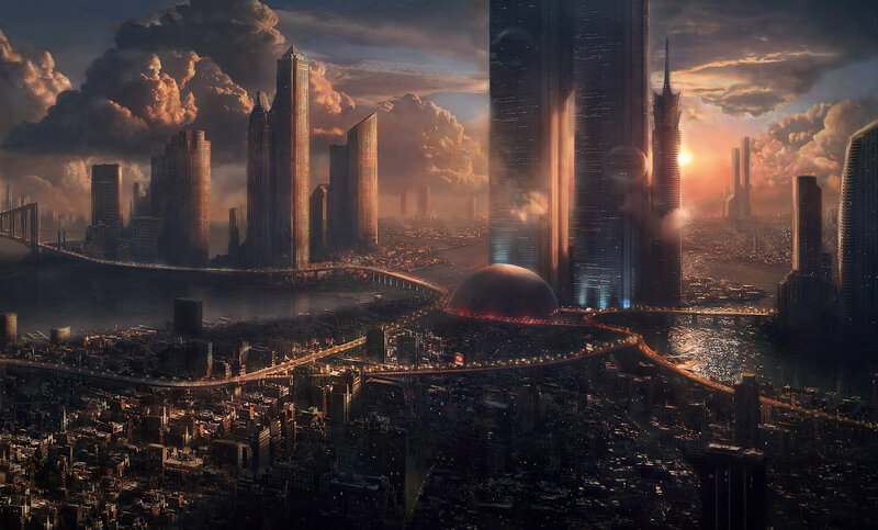 Futuristic Cityscape — Orange, Dramatic