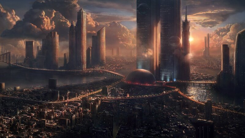 Futuristic Cityscape — Orange, Sunset