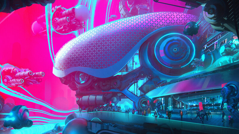 Futuristic Cityscape — Pink, Dramatic, Night, Digital Art, Robots