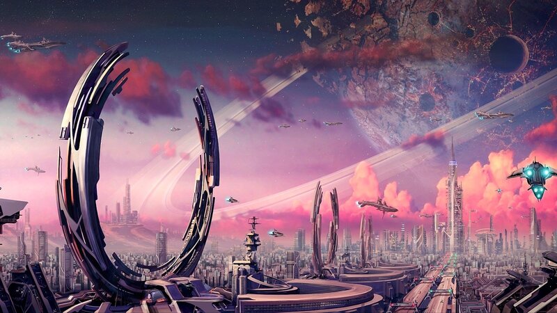 Futuristic Cityscape — Pink, Dramatic, Night, Digital Art, Spaceships, Ringed Planet