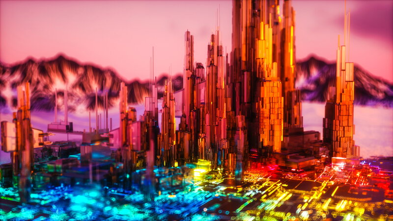 Futuristic Cityscape — Pink, Dramatic, Sunset, Digital Art, Mountains