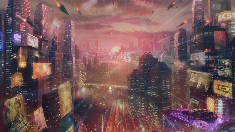 Futuristic Cityscape — Pink, Dramatic, Sunset, Digital Art, Skyscrapers, Billboards