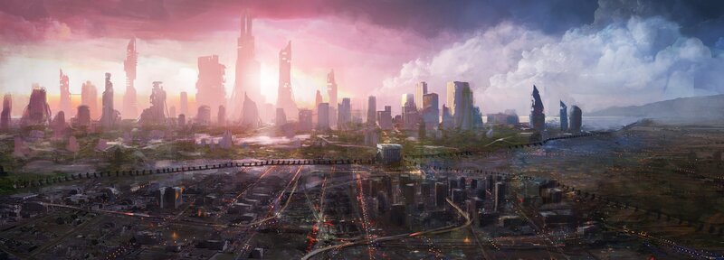Futuristic Cityscape — Pink, Dramatic, Sunset, Digital Art, Skyscrapers, Highway