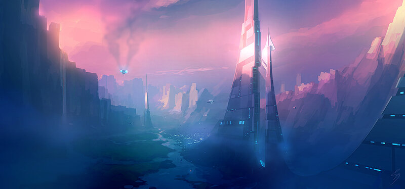 Futuristic Cityscape — Pink, Dramatic, Sunset, Digital Art, Skyscrapers, River